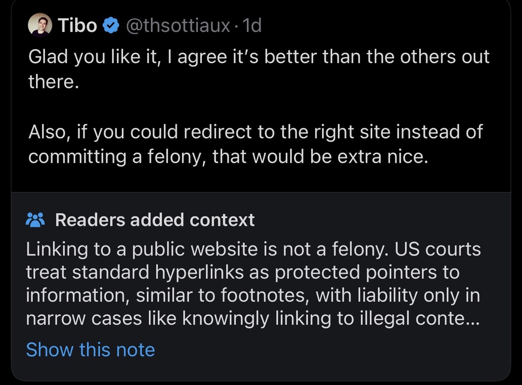Tibo's reply on X with the Felony jab and the displayed Community Note